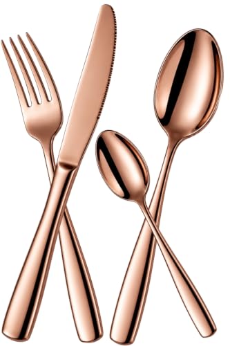 Image of Mirror Polished Rose Gold 20 Pcs Stainless Steel Cutlery Set for Dining Table, Dishwasher Safe Glossy Flatware (5 Spoon Set + 5 Forks Set + 5 Butter Knife + 5 Dessert Spoon)