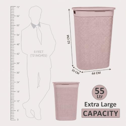 Image of KITCHIVO Plastic Large 55 Ltr Laundry Basket with Lid & Handle | Multipurpose Hamper Bins Storing Washable Clothes, Blankets | Household Ideal for Home & Bathroom (Woods Blush Pink)