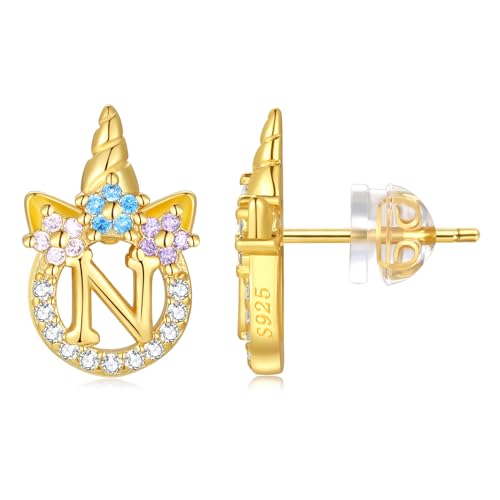 Sterling Silver Initial N Earrings - Hypoallergenic 14K Gold Plated Letter Unicorn Earrings for Girls & Women