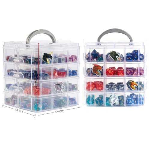 Image of PUGED DND Dice Storage Box with Removable Dividers Polyhedral Dice Plastic Organizer Holding Up To 1200 Dices Craft Bead Compartment Container with Stickers for Sewing, Jewelry, Art, DIY