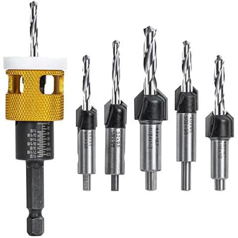 LEOMAUNYX 5 Pcs Countersink Drill Bit Set: Replaceable HSS M2 Tapered Bits - 82° Counter Bore with Adjustable Depth Stop, Carbide Drill Bits 1/4” Hex Shank for Wood, Plastic, Woodworking Cover