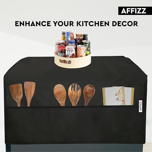 Image of Fridge Cover Top for Double Door Refrigerator - Washable, Water-Resistant Polyester Refrigerator Cover Top with 6 Side Pockets for Kitchen Accessories, Dustproof (Black)
