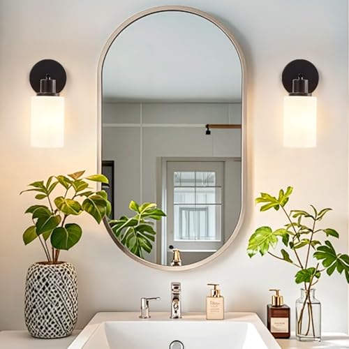 Image of DLLT Wall Sconces Set of Two: Modern Bathroom Vanity Light Fixtures - Matte Black Vanity Lights with Milky White Glass Shade - Farmhouse Wall Lamp for Bedroom Living Room Mirror Hallway Kitchen