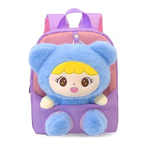 MIDSuN Kleiner Kinderrucksack,Abnehmbarer Plüsch Puppe Kindergartenrucksack,Nettes Mädchen Rucksack Kindertasche für 2-5 Jährige Kindergarten Mädchen (Violett)