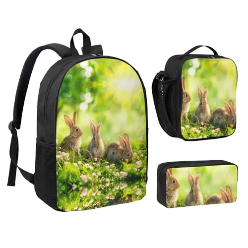 Sac à dos scolaire lapins amusants noir avec sac repas pour la cantine et sortie