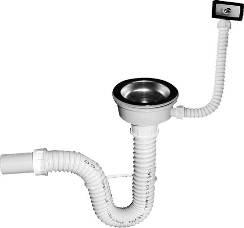 Preisvergleich Produktbild Intelmann Siphon flexibel für Spülbecken mit Überlauf Ø 90mm PVC Ablaufgarnitur Edelstahldeckel Ø 90mm Edelstahlsiebkorb für Spülbecken, weiß, Standard Serie