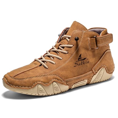 Men's Chukka Boots Non Slip Ankle Boots Leather Casual Boots for Men Slip on Lightweight Loafers Walking Driving Shoes Gold2