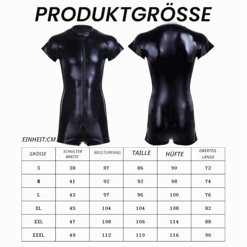 Sugeru Herren ärmellose Kurze Hose Leotard, Lackleder Jumpsuit Herren, Kurz Glanz Latex Catsuit Männer, Sexy Einteiler Herrens – Bild 2