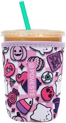 Reusable Neoprene Insulator Sleeve for Iced Coffee & Cold Soda, Coffee Sleeves for Iced & Hot Drinks, Cold Beverage Cooler Compatible with Starbucks, Dunkin (Checkerboard Halloween, Small: 16-18oz)