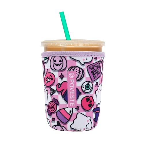 Reusable Neoprene Insulator Sleeve for Iced Coffee & Cold Soda, Coffee Sleeves for Iced & Hot Drinks, Cold Beverage Cooler Compatible with Starbucks, Dunkin (Checkerboard Halloween, Small: 16-18oz)