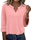 Rapbin Blusa elegante para mujer, camisa de manga 3/4, cuello en V, túnica de verano, encaje, bordado, vintage, parte superior 2026, tops de moda, Color rosa coral., S