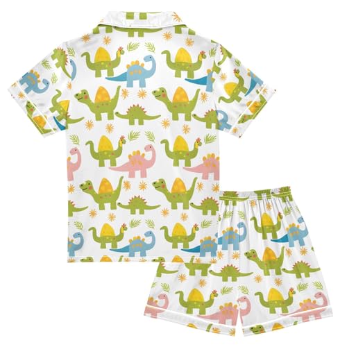ALAZA Bright Dinosaur Leaf Pajamas Satin Pajama Set Short Sleeve Button Down Sleepwear2