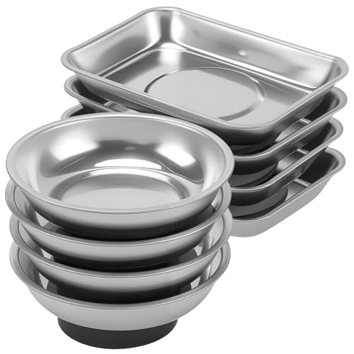 PINGEUI 8 PCS Magnetic Parts Tray Set Stainless Steel 7.6cm Round and 9.3cm Square Magnetic Trays Tools Parts Tray for Nuts Bolts Screws