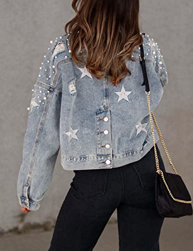 Esmeling Womens Cropped Pearls Beading Jean Jacket Ripped Star Embroidered Denim Jacket Coat3