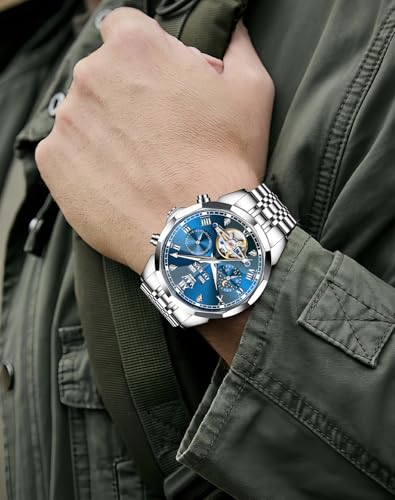 Image of OLEVS Men Automatic Watch Diamond Skeleton Mechanical Luxury Self Winding Moon Phase Calendar Waterproof Wrist Watch for Men