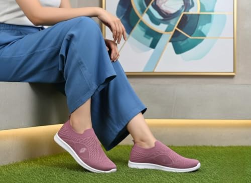 Image of Women's Slip-On Sneakers, Pink, Breathable Knitted Fabric, Lightweight & Flexible Sole