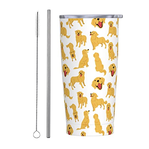 可愛い ゴールデン・レトリバー 犬柄 ストロー&ストローブラシ付き マグカップ コーヒーカップ 600ML コンビニカップ タンブラー ステンレス製 保冷 保温 車用 蓋付き 持ち運び 水筒 大容量 直飲み アニメ プレゼント Q15
