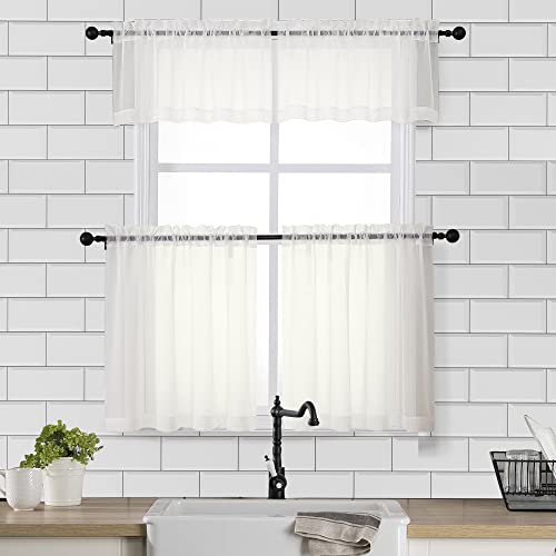 Image of Chyhomenyc Sheer Curtains Tiers 2 Pieces Set, Light Filtering Small Curtains 24 in Length, Short Bathroom Living Room Cafe Basement Voile Window Curtains, Rod Pocket, 42W x 24L Inches, Ivory