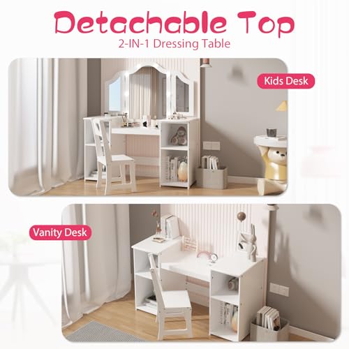 Kids Vanity with Lights Storage Cabinet & Touch Light Detachable Tri-Folding Mirror, 2 in 1 Toddler Vanity Table & Chair Set Wooden Girls Vanity Dress Table for Girls