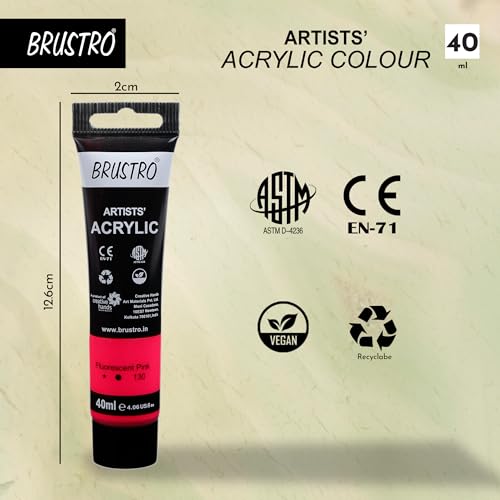 Image of BRUSTRO Artists Acrylic Paint Tube | 40ml, Fluorescent Pink (Pack of 2)|Non-Toxic, Water based, Inter Mixable, Ideal for Painting, Textured Effects on Canvas, Paper, Fine Art Student and Professionals
