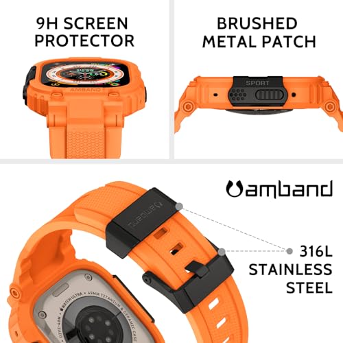Image of amBand Bands Case Screen Protector Compatible with Apple Watch Ultra 3 /2 /1 49mm, M1 Sport Series Rugged Cover Strap and 9H Tempered Glass Film, Protective Bumper for iWatch 49 mm Men Orange