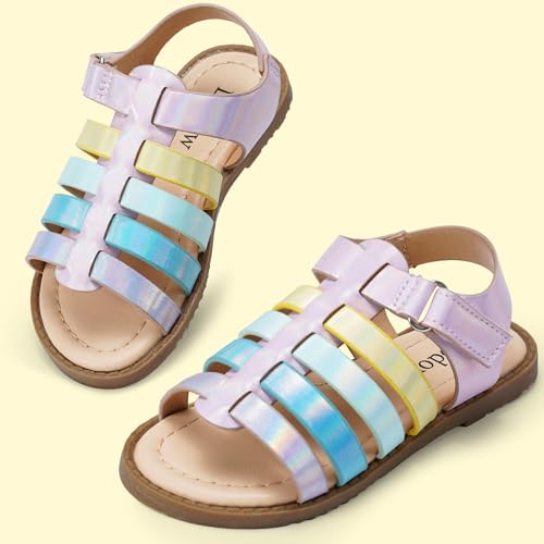 Image of Dodow Girls Sandals Open Toe Hook and Loop Flat Dress Sandals Summer Shoes for Toddler Little Kid