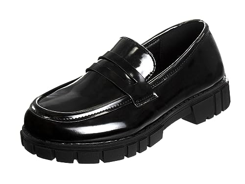 French Toast Girls Round Toe Ankle Strap Maryjane School Shoes - Mary Jane Chunky Platform Oxford Dress Shoe Pumps - Black Shine (Size 4 Big Kid)