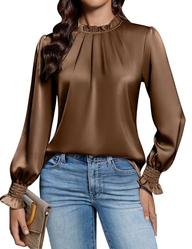 Blooming Jelly Womens Dressy Casual Blouses Pleated Satin Silk Business Tops Mock Neck Long Sleeve Shirts