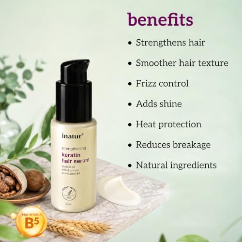 Image of inatur Strengthening Keratin Hair Serum | Restores Shine & Repairs Damage | Strengthens, Protects & Smoothens | Frizz Control & Safe for Color-Treated Hair | Lightweight & Non-Greasy Formula | 50ml