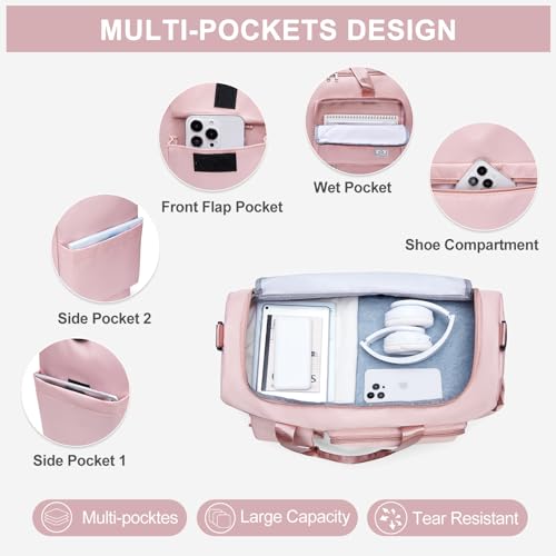 Image of Large Travel Duffle Bag, Carry On Weekender Bag with Shoe Compartment, Gym Tote Overnight Bags for Women for Travel, A10#Pink, 11x19.6x8.2 inches, Weekender Bag&toiletry Bag