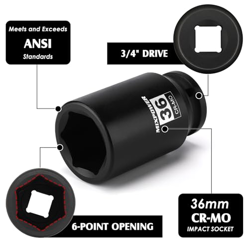 Image of MIXPOWER 3 /4 inch Drive Deep Impact Socket, 36mm, CR-MO, Metric, 6 Point, Axle Nut Impact Grade Socket for Easy Removal