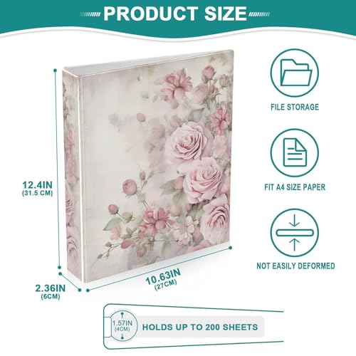 Image of 3 Ring Binder Pink Rose Flower Muted Color 1.5 inch Binders Three Ring Binders with Clipboard Fit 8.5'' x 11'' Paper 3 Interior PVC Clear Pockets for Office Supplies