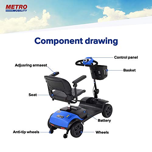 Metro Mobility Lite Compact Travel Electric Power Mobility Scooter for Adults - 265 lbs Max Weight, 4 Wheel, 18 in Width Leather Seats, Large Capacity Lead-Acid Battery, Matte Blue