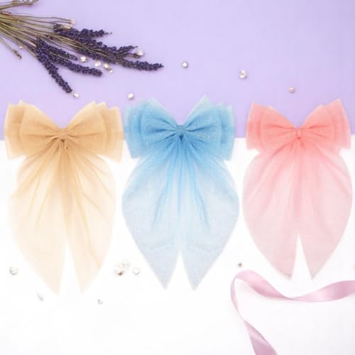 Image of Radhu & Kabby Hair Bows for Women /Girls | Hand made Netbows | Net Tail Hairbow | Fancy & Stylish Hair Accessories | Anti-Hair Fall Hairclips | Blue, Brown, Pink | Pack of 3