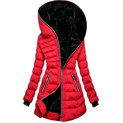 KUNIIS Cappotto Invernale Donna Lunghezza Media Imbottito Foderato Peluche Cappuccio Giacca Slim Fit Parka Trapuntata, S-3XL (Red,S)