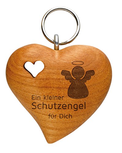 Foto Premio Schlüsselanhänger aus Holz als kleiner Schutzengel (naturbelassenes Zierholz, in Herzform, mit gefrästem Holzherz, Lasergravur) Cover