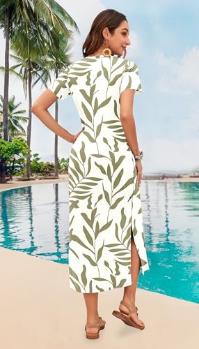 Image of MISFAY Womens Maxi Dress Short Sleeve V Neck Loose with Pockets | Soft stretchy breathable, v neck loose fit, side split hem, two side pockets, casual daily beach vacation travel dress