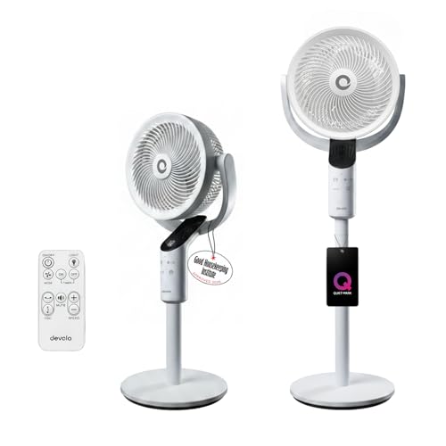 Devola Quiet 8 DC Pedestal Fan with Remote Control 12 Speeds 4 Adjustable Heights Quiet Oscillating Desk & Standing Fan 15 Hour Timer Aroma Diffuser Sleep Mode Quiet Mark Certified - White