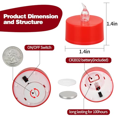 Image of KOABY 24 Pack Red Light Flameless Tea Lights, Red Base, Last 100H | for Decor
