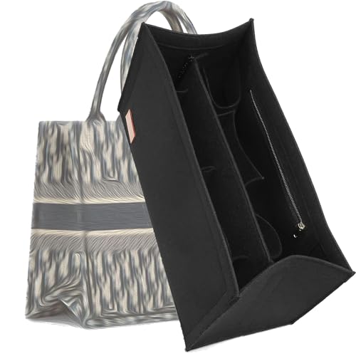 KESOIL Bolsa organizadora compatível com Dior Book Tote PM, bolsa interna de feltro, modelador com zíper e suporte de copo, 9 bolsos grandes (PM, preto)