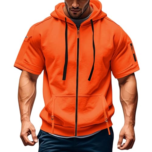Pullover Herren Zipper, Kurzarm Kapuzen Mit Reißverschluss Sweatjacke Fitness Slim Einfarbig Sport Kapuzenpullover Outwear Sweatshirt Jacke Trachten Shirt Zip Hoodie Sweatshirt (XXL, Saffron)