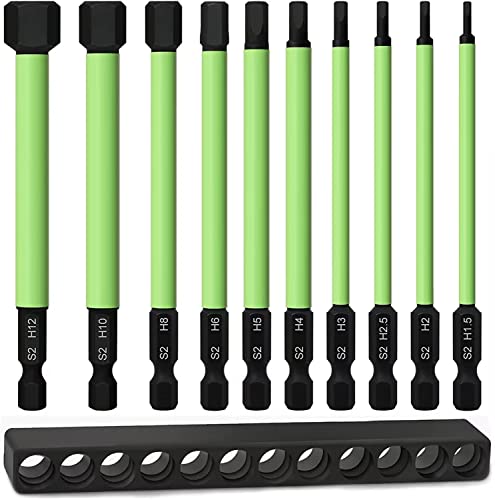 TLEEP 3.94" Long 10Pcs 1/4" Hex Head Allen Wrench Drill Bits, Metric 1.5MM to 12MM Hex Key Drill Bit Set, Magnetic Tips Screwdriver Socket Bit Set for Ikea Type Furniture (S2 Steel), New Version
