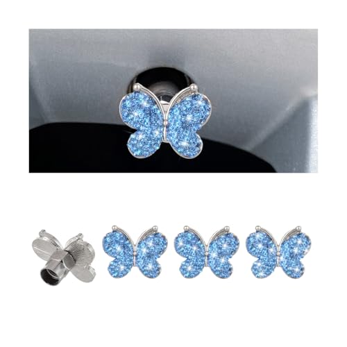 Sandfren 4PCS Bling Car Tire Valve Stem Caps, Butterfly Rhinestone Vehicle Wheel Air Cover, Diamond Dustproof Automotive Stem Decor Accessories, Universal for SUVs Trucks Motorcycles (Light Blue)