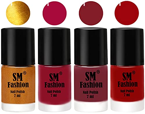 Image of Nail Polish Combo Set (Pack of 4) Quick Dry Gel Finish Nail Paint | Golden,Raspberry,Lip,Light Red | 7 ml Each