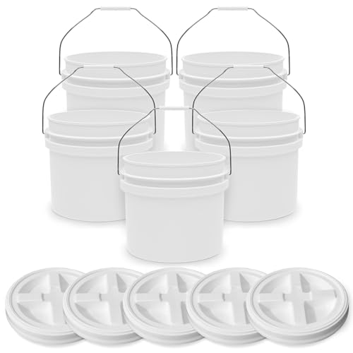 3.5-Gallon White Bucket Pail with Gamma Seal Screw on Airtight Lid, Heavy-Duty 90MIL Extra Durable, Food Grade, Metal Handles with Plastic Grip for Easy Carrying, Easy Stack &amp; Store, BPA Free - 5 Pack