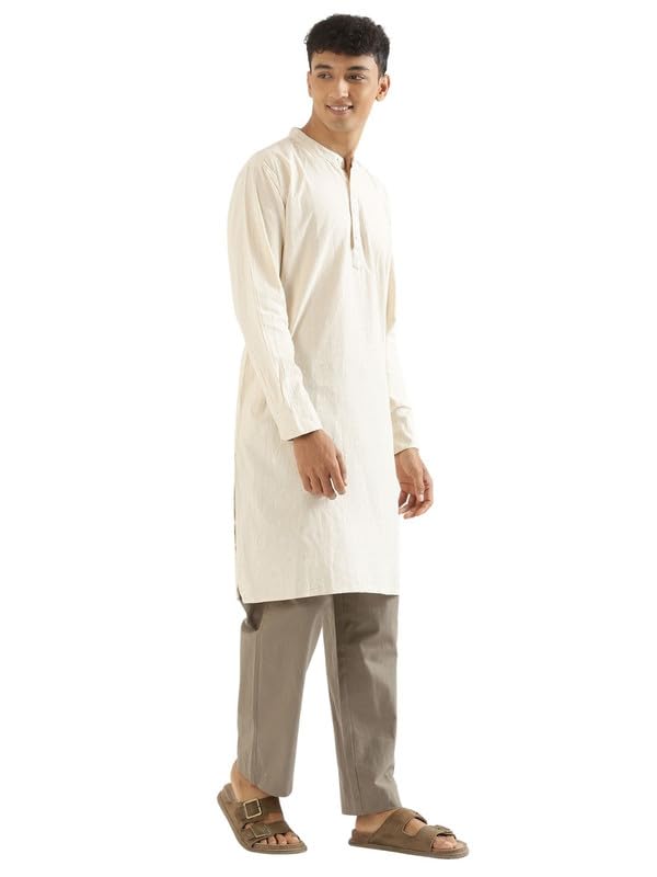 Image of SAADAA Men's Long Kurta - Linen Cotton Blend, Airy Fabric, Regular Fit, Mandarin Collar, Solid Color - Casual, Festive & Ethnic Wear
