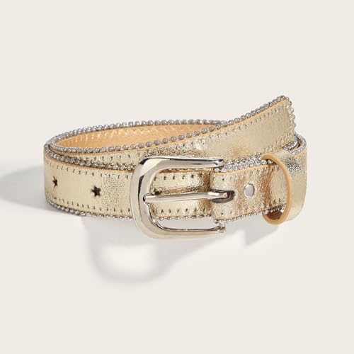 Girls Western Cowgirl Belt with Star Hole - Gold Bling Adjustable Leather Belt for Jeans, Dresses & Pants, Age 6-122