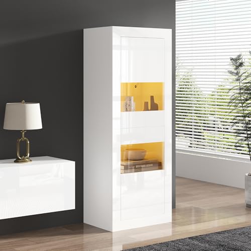 Merax Vitrine en verre avec éclairage LED - Blanc brillant avec 2 étagères réglables - Pour salon, chambre à coucher, bureau - 161 cm