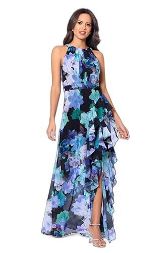Image of Betsy & Adam Women's Elegant Long Chiffon Floral Dress with Ruffle Detail and Tie Neck, Black /Teal, 8