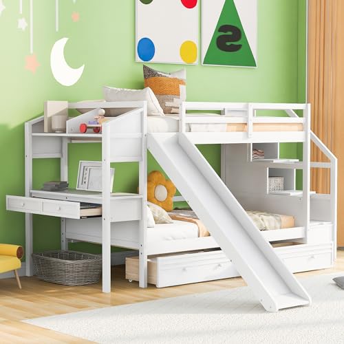 Yestar White Twin Over Twin Bunk Bed with Storage Staircase, Slide, Drawers Desk – Fun Functional Kids Bedroom (1 Drawer + 1 Shelf)